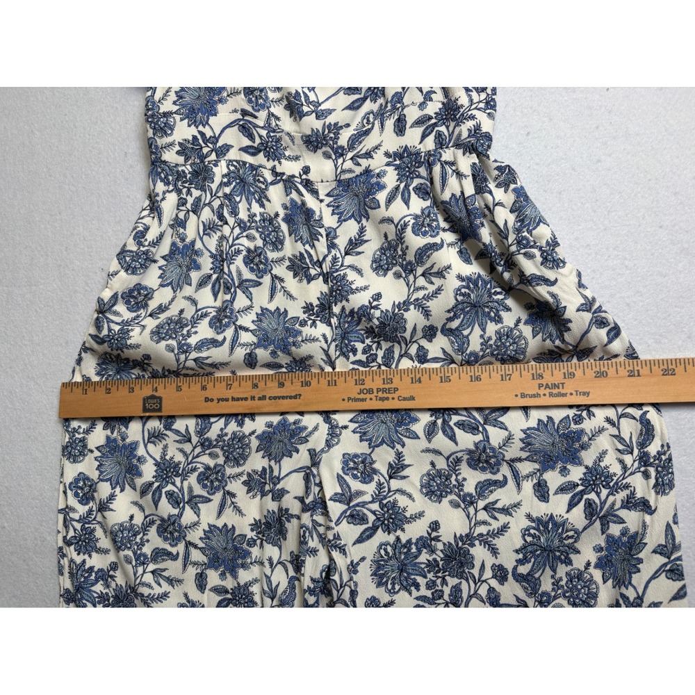 LOFT Women Blue White Floral Toile Wide Leg Ruffle Jumpsuit Size 0 Sleeveless - Picture 8 of 11